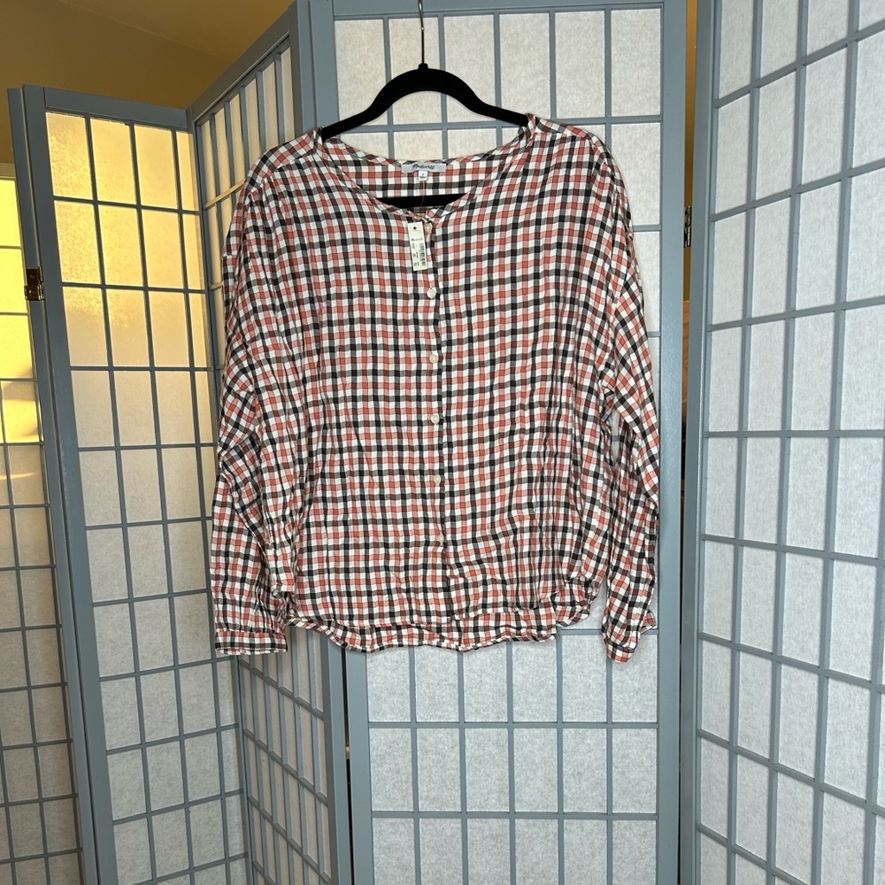 NWT Madewell Orange and Black Checkered Button Down Shirt